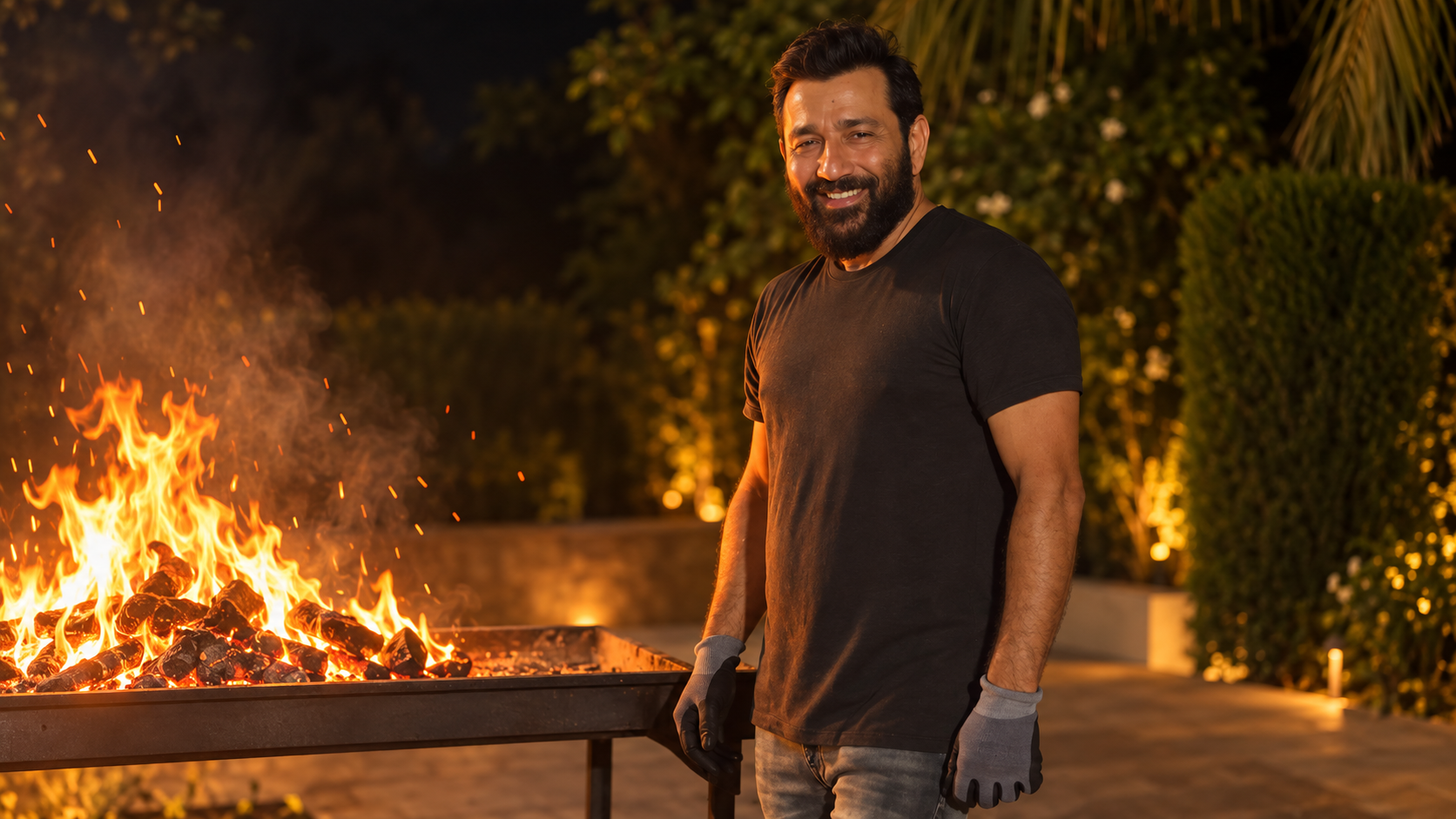 Imran standing by the open coal fire, smiling, gloves on