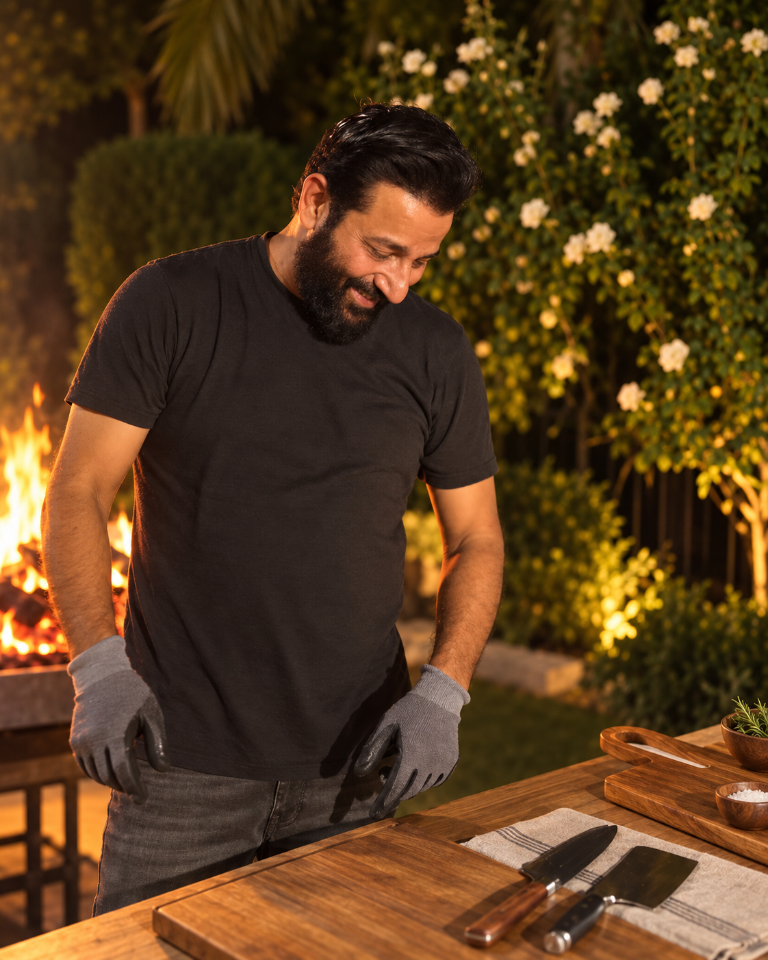Imran at the prep table with his knives laid out